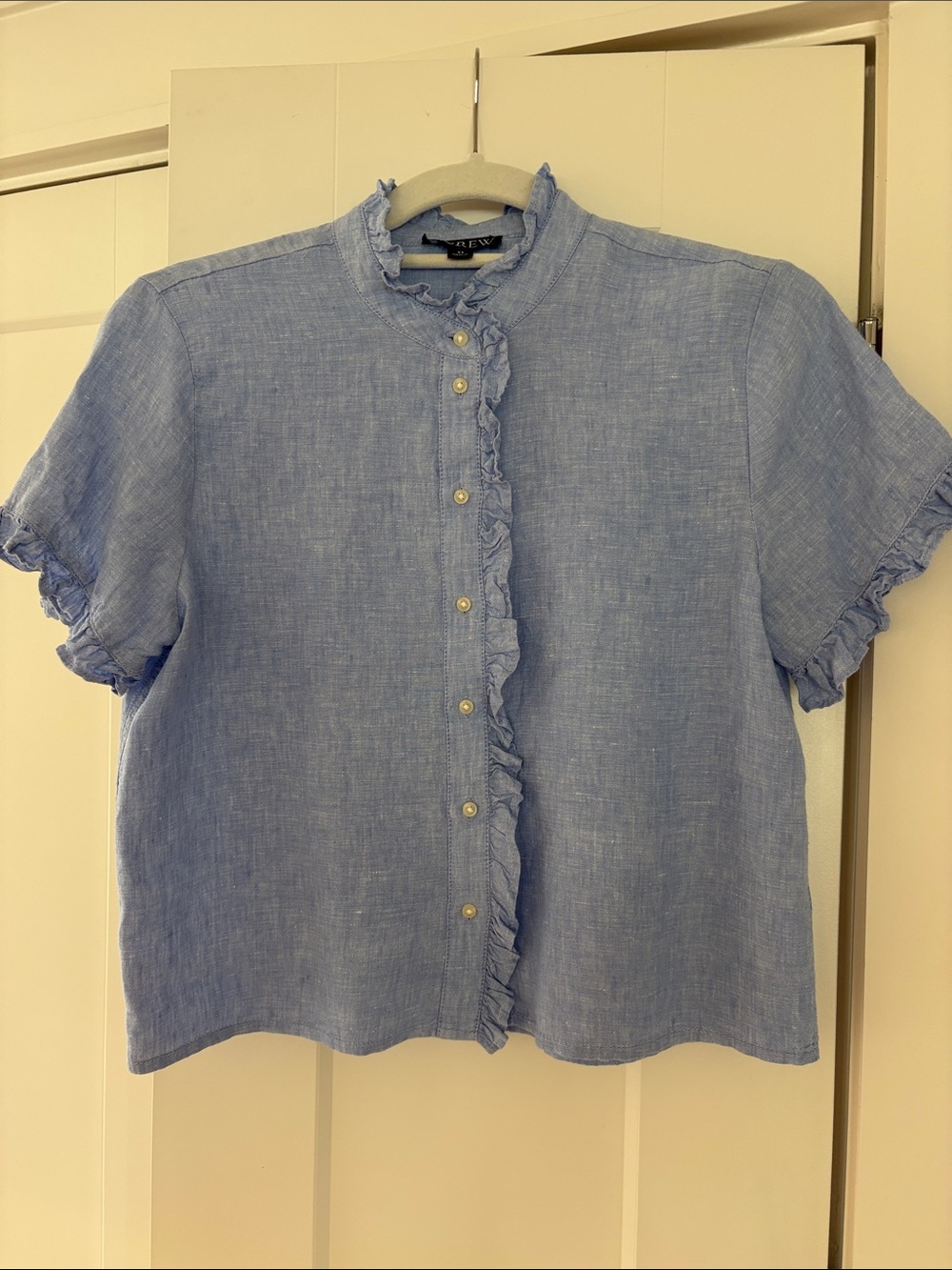 J. Crew Chambray Ruffle-Trim Button Front Blouse - Light Blue